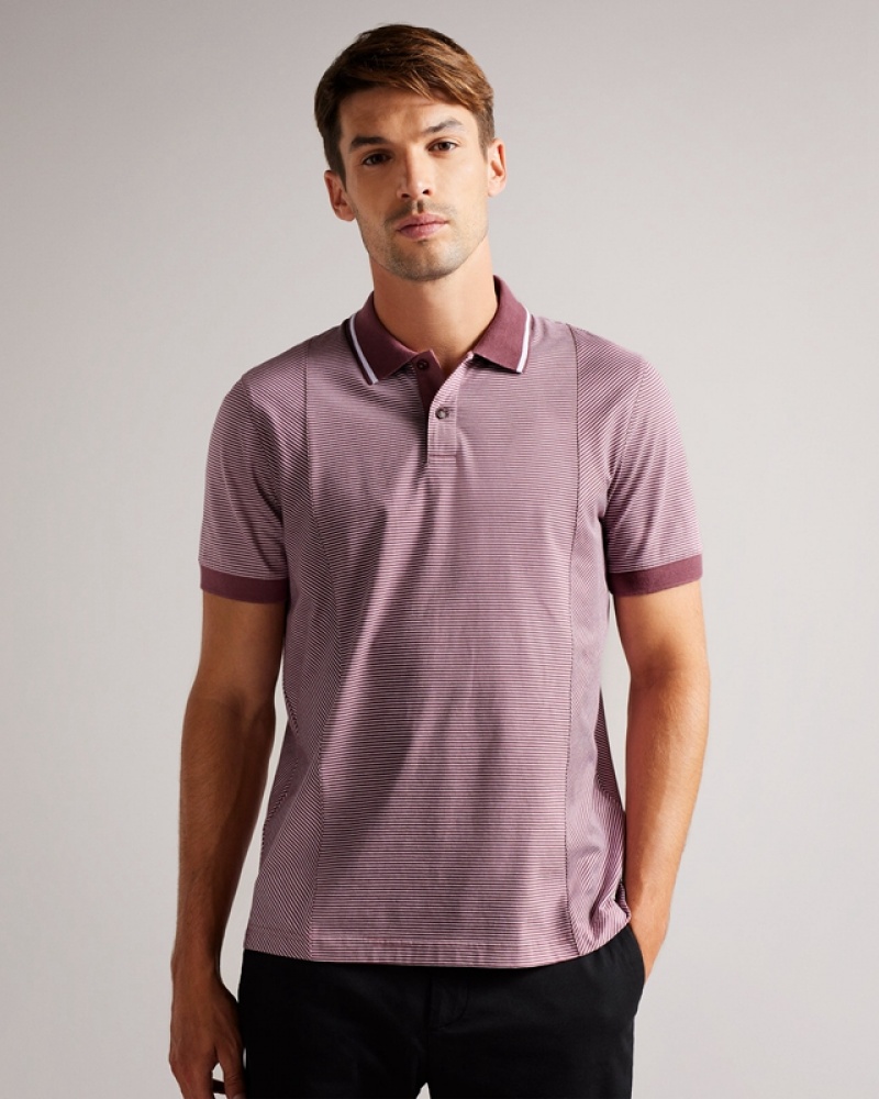 Burgundy Ted Baker Taigaa SS Regular Striped Panelled Men's Polo Shirt | 621843-CVZ