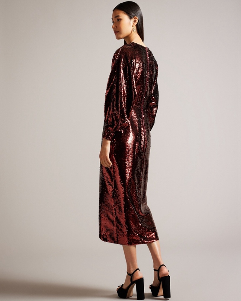 Coffee Ted Baker Emaleee Plunge Neck Sequin Midi Women's Dress | 609175-UAR