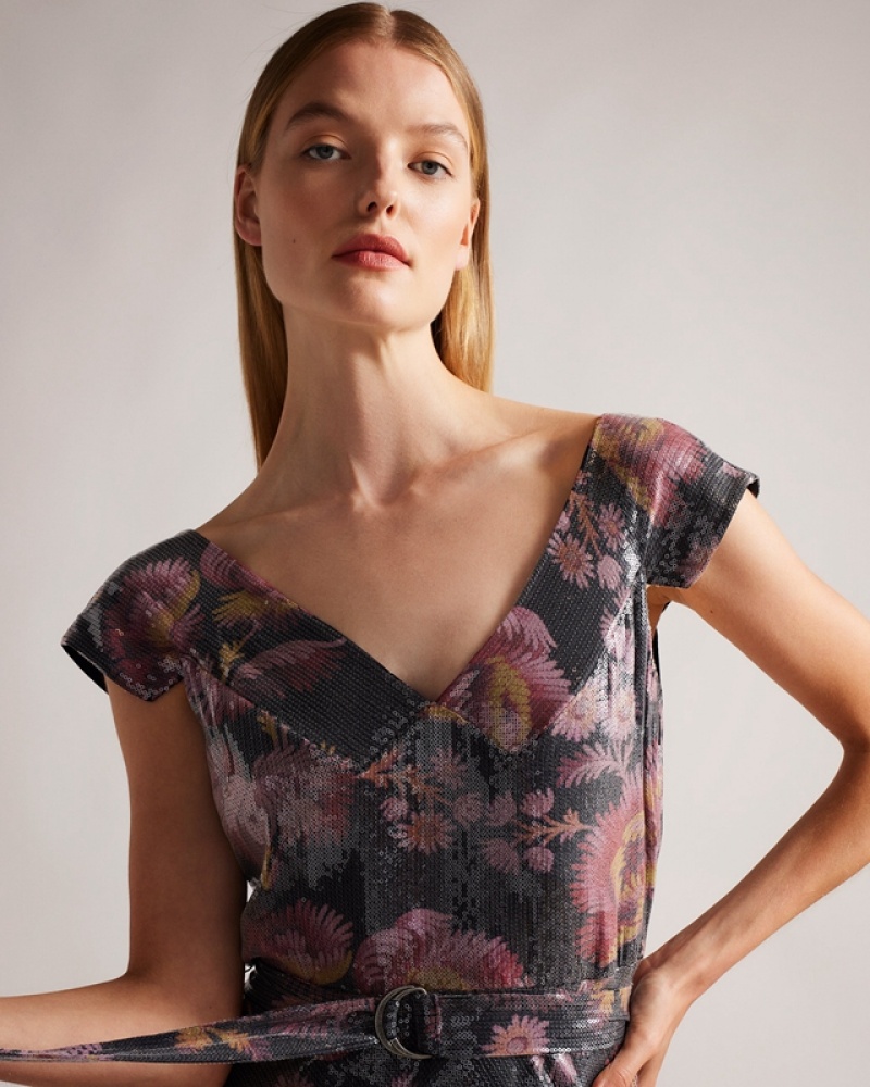 Flower Ted Baker Ninia Bias Cut Self Belted Midi Women's Dress | 329470-OQC