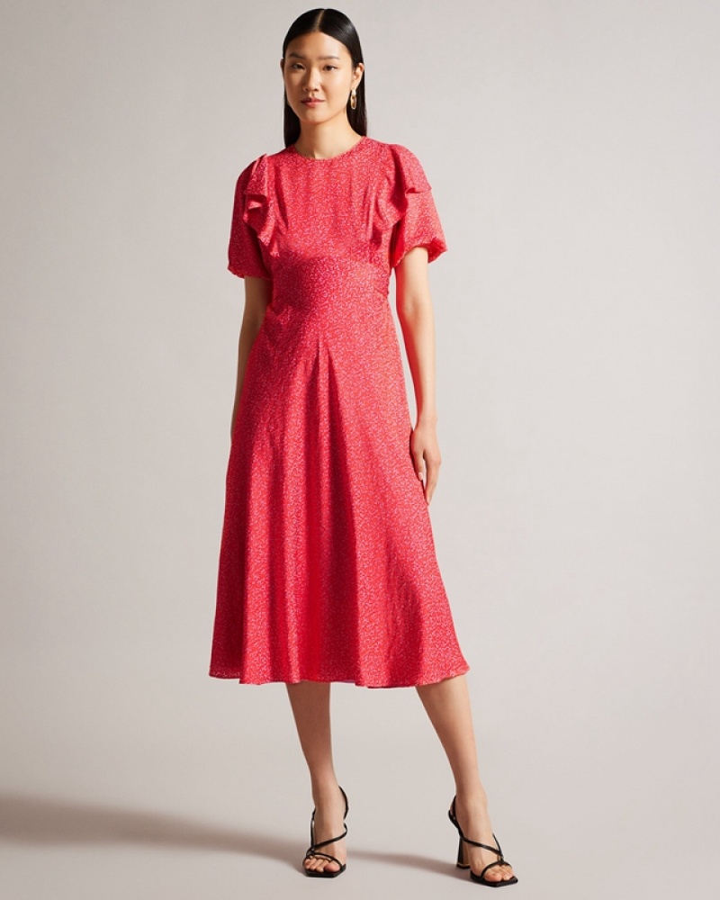 Fuchsia Ted Baker Mayyia Puff Sleeve Ruffle Midi Women\'s Dress | 624301-PQC