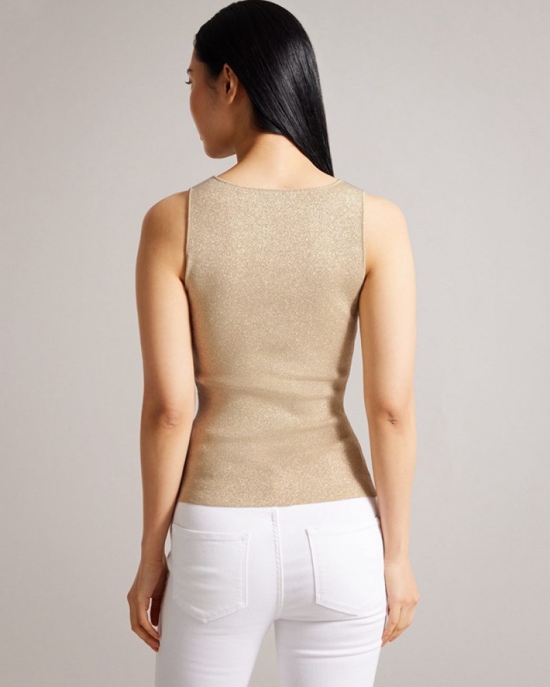 Gold Ted Baker Sharlee Knitted Fitted Vest with Metallic Thread Women's Tops | 168453-HOW