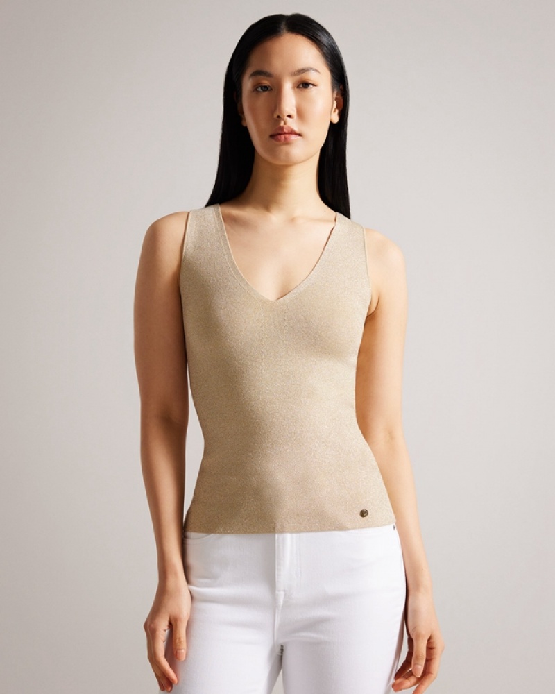 Gold Ted Baker Sharlee Knitted Fitted Vest with Metallic Thread Women\'s Tops | 168453-HOW