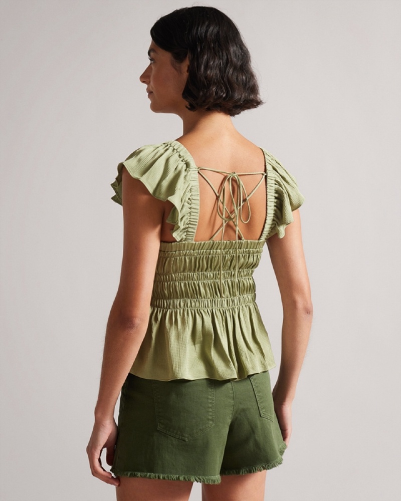 Green Ted Baker Alovia Smock Bodice with Lace Up Back Women's Tops | 027396-RGY