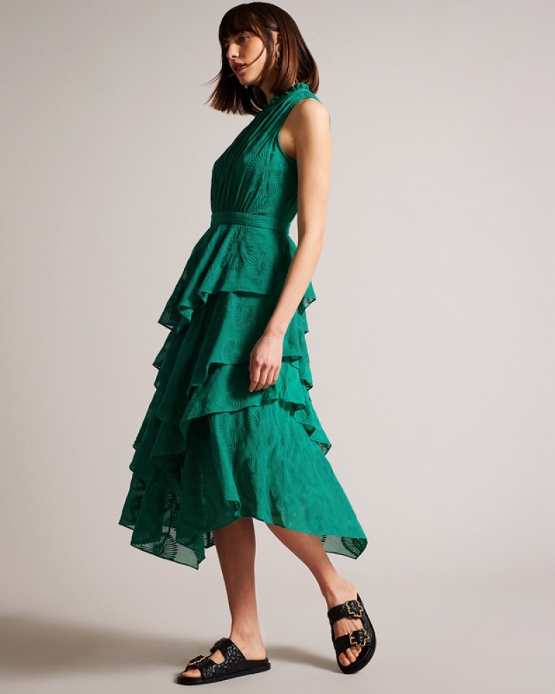 Green Ted Baker Floryah Embroidered Midi with Tiered Women's Dress | 761239-AXT