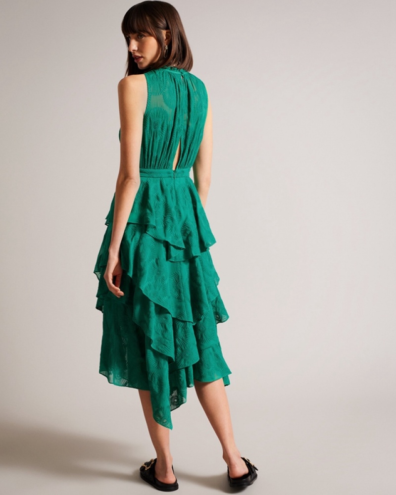 Green Ted Baker Floryah Embroidered Midi with Tiered Women's Dress | 761239-AXT