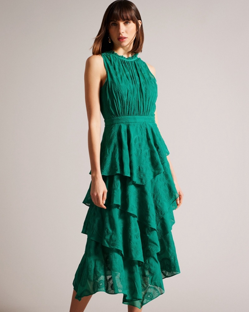 Green Ted Baker Floryah Embroidered Midi with Tiered Women\'s Dress | 761239-AXT