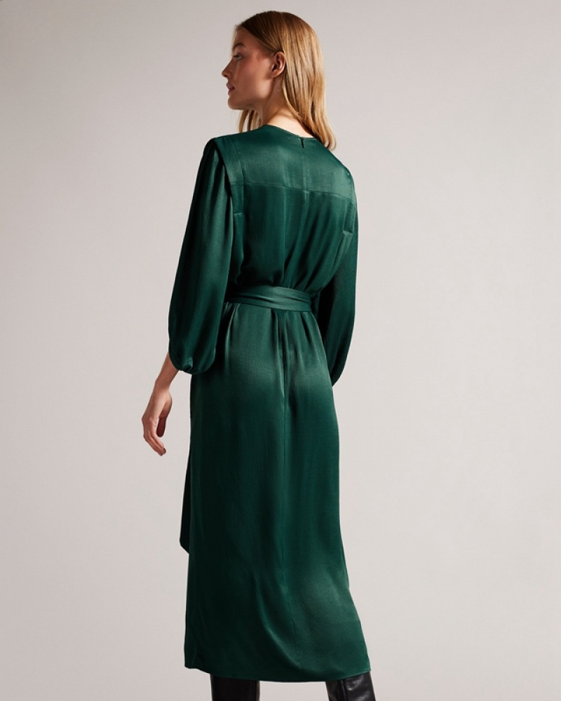 Green Ted Baker Josina Belted Midi with Exaggerated Shoulder Women's Dress | 726301-JXU