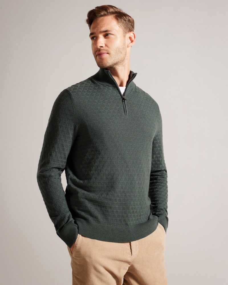 Green Ted Baker Kurnle LS T Stitch Knitted Half Zip Men\'s Polo Shirt | 604295-GMH