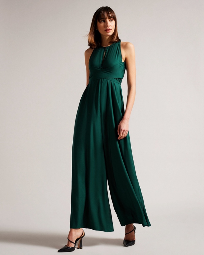 Green Ted Baker Meriahh Halter Neck with Wrap Bodice Women\'s Jumpsuit | 524761-SYH