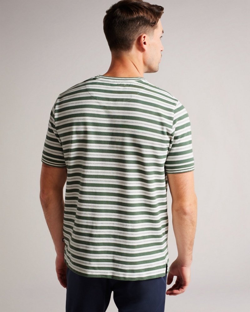 Khaki Ted Baker Vadell SS Regular Fit Striped Men's T Shirts | 759241-RBH