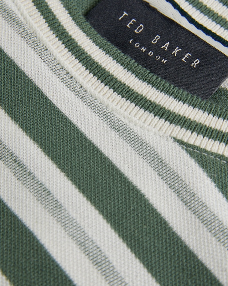 Khaki Ted Baker Vadell SS Regular Fit Striped Men's T Shirts | 759241-RBH