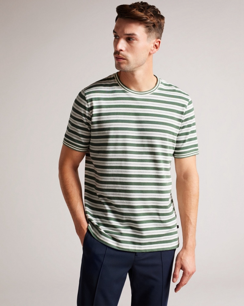 Khaki Ted Baker Vadell SS Regular Fit Striped Men\'s T Shirts | 759241-RBH