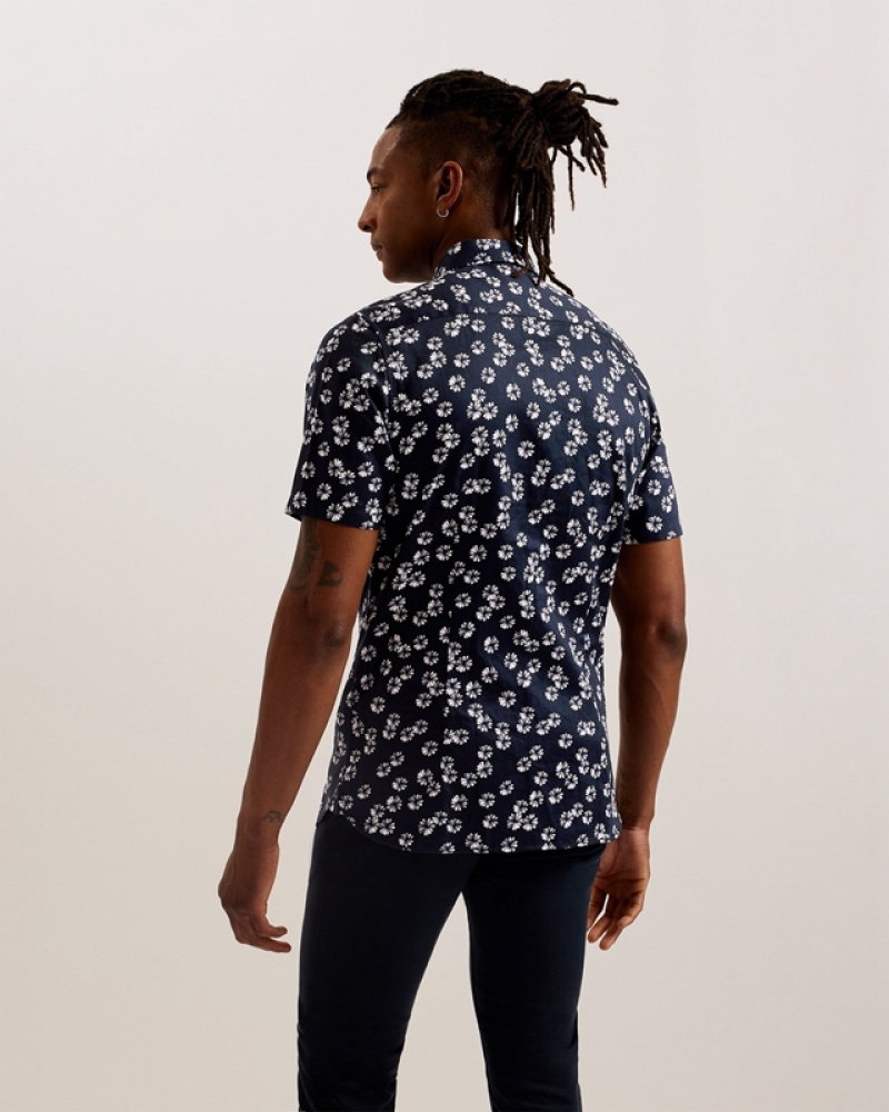 Navy Ted Baker Alfanso SS Cotton Floral Men's Shirts | 031684-LGV