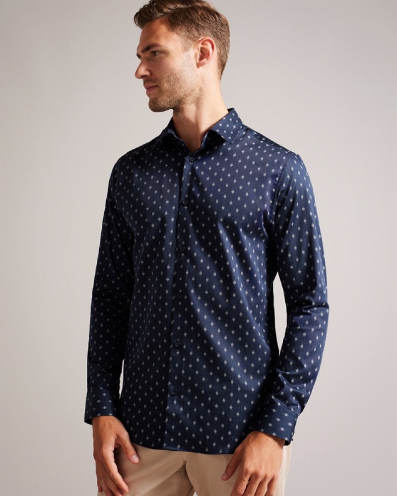 Navy Ted Baker Ardea LS Pen Dot Geo Print Men\'s Shirts | 859130-UOL