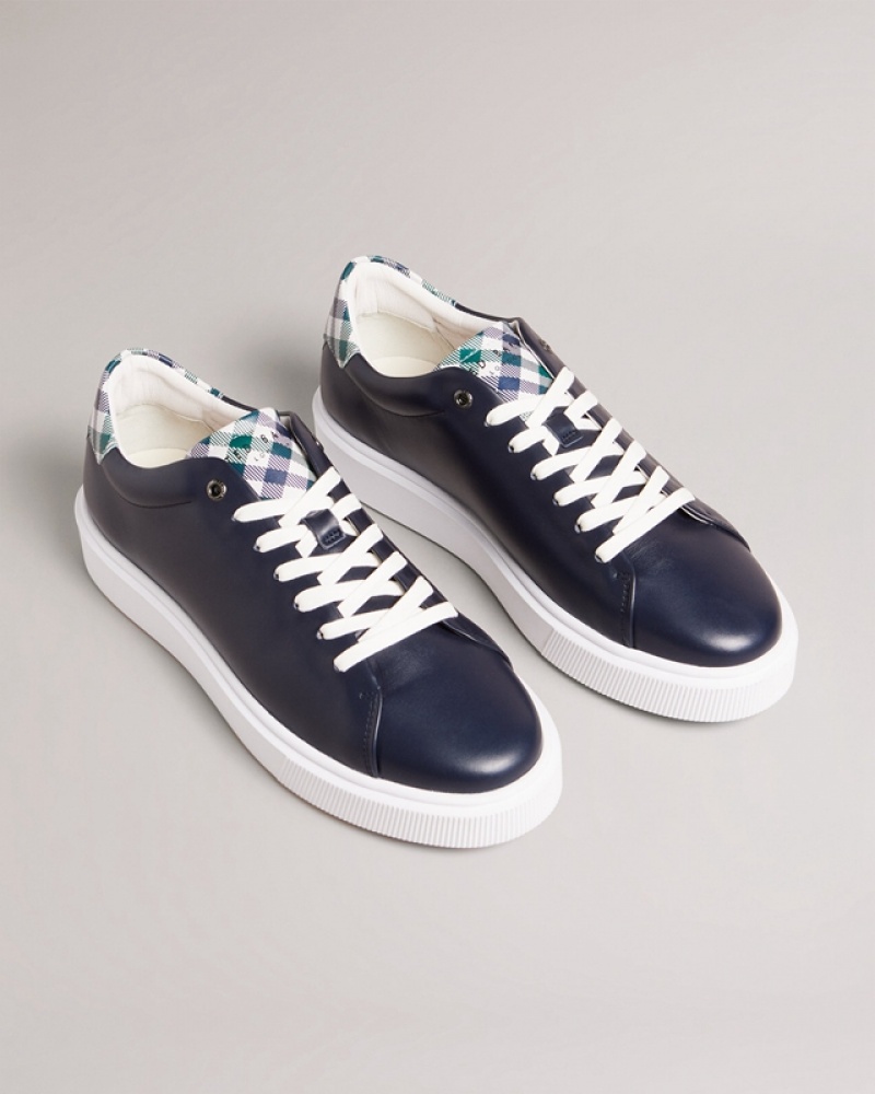 Navy Ted Baker Breyonn Check Leather Inflated Sole Men's Sneakers | 476589-CDI