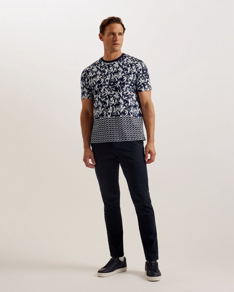 Navy Ted Baker Dodems SS Regular Printed Men's T Shirts | 027865-BRZ