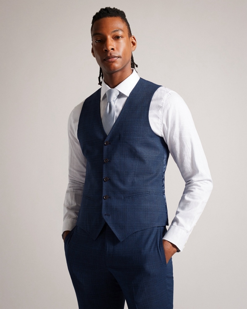 Navy Ted Baker Drydenw Check Men\'s Suit Waistcoat | 321475-CAY