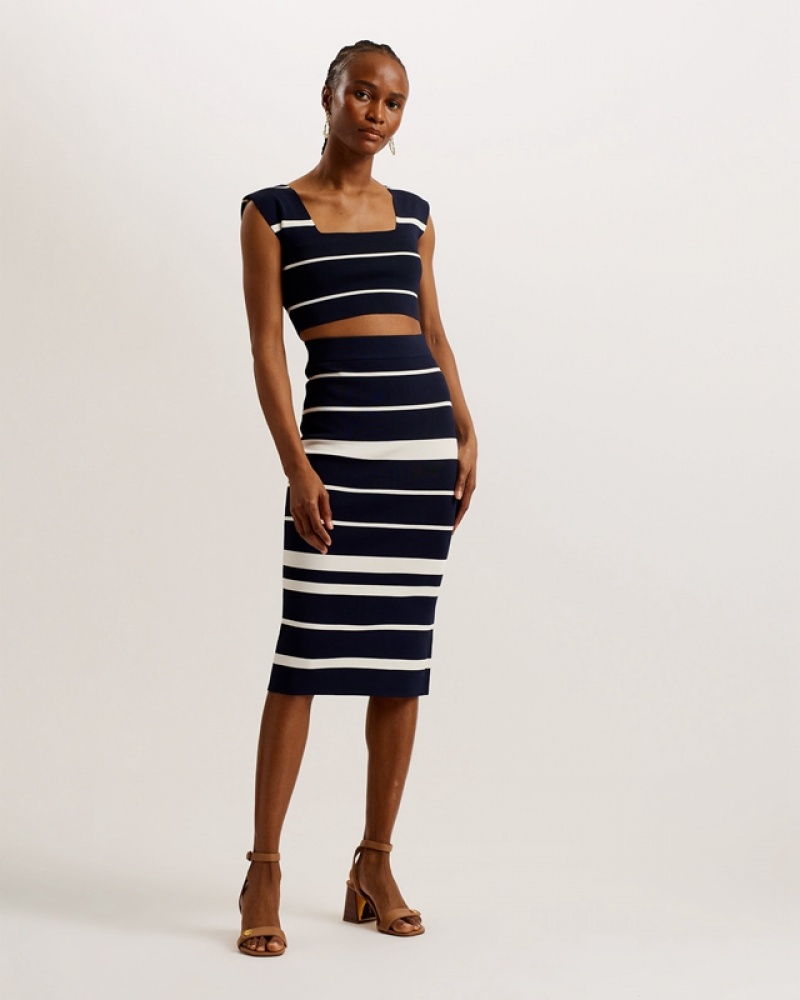 Navy Ted Baker Emiliha Striped Bodycon Knit Women\'s Skirts | 670328-CAR