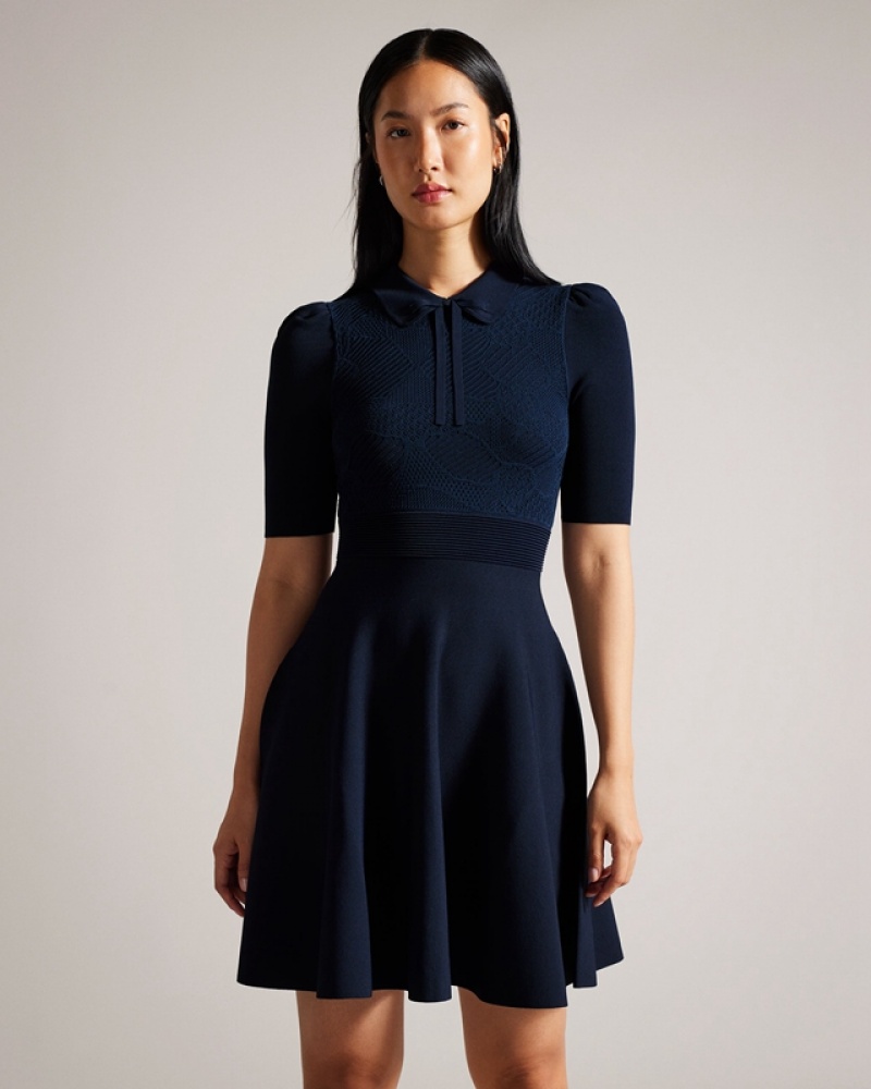 Navy Ted Baker Hillder Delicate Pointelle Knit Women's Dress | 379628-NUL