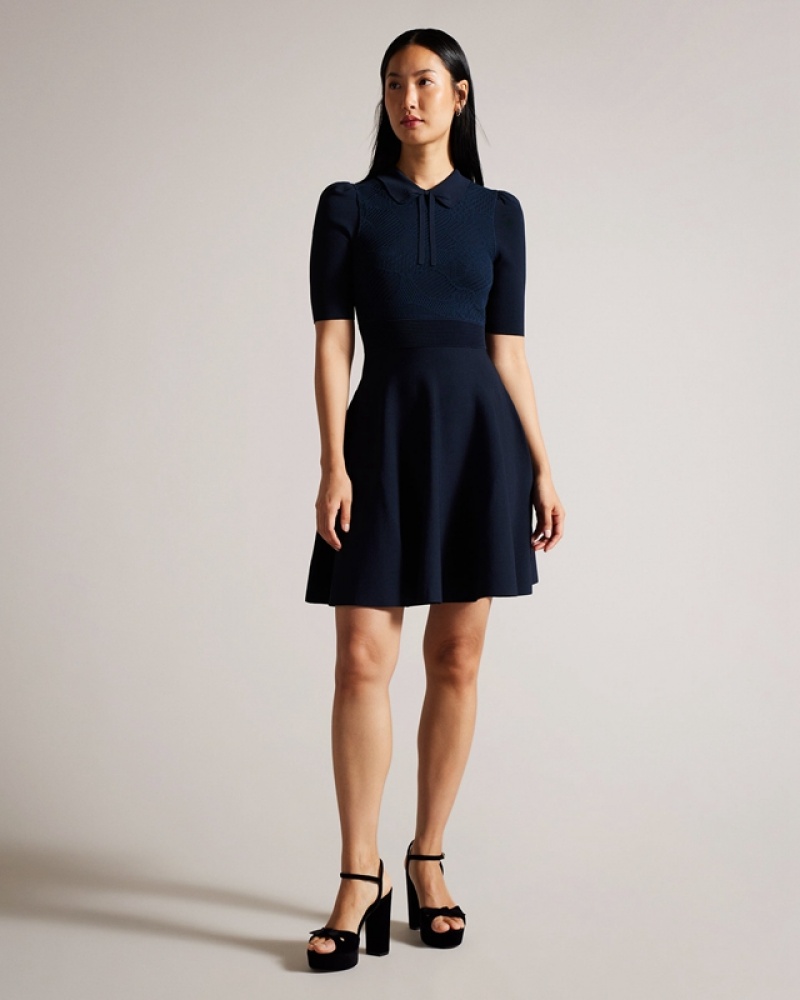 Navy Ted Baker Hillder Delicate Pointelle Knit Women\'s Dress | 379628-NUL