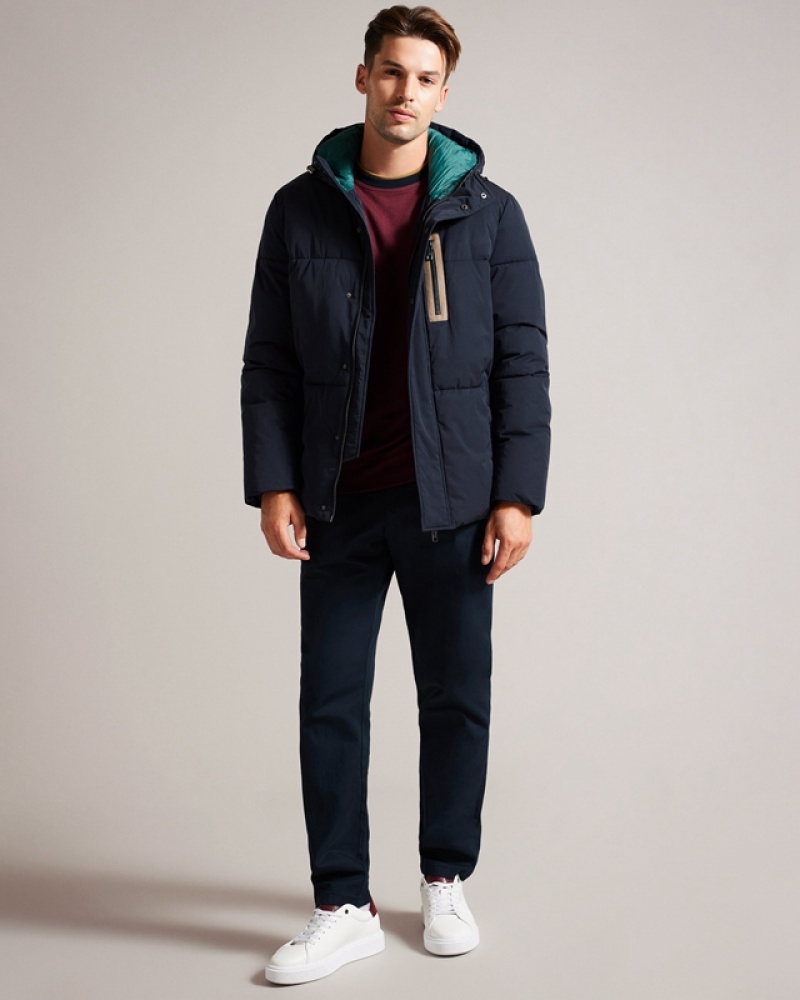 Navy Ted Baker Kinmont Short Hooded Puffer Men's Jackets | 450693-HMZ