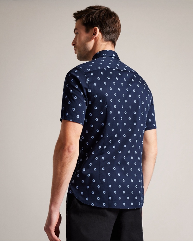 Navy Ted Baker Kymsho Short Sleeve Ditsy Floral Men's Shirts | 203457-ILA