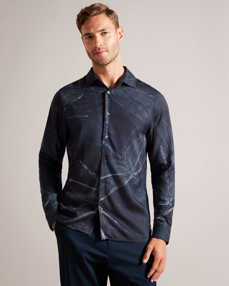 Navy Ted Baker Loreto LS Large Dragonfly Men\'s Shirts | 436579-MIL