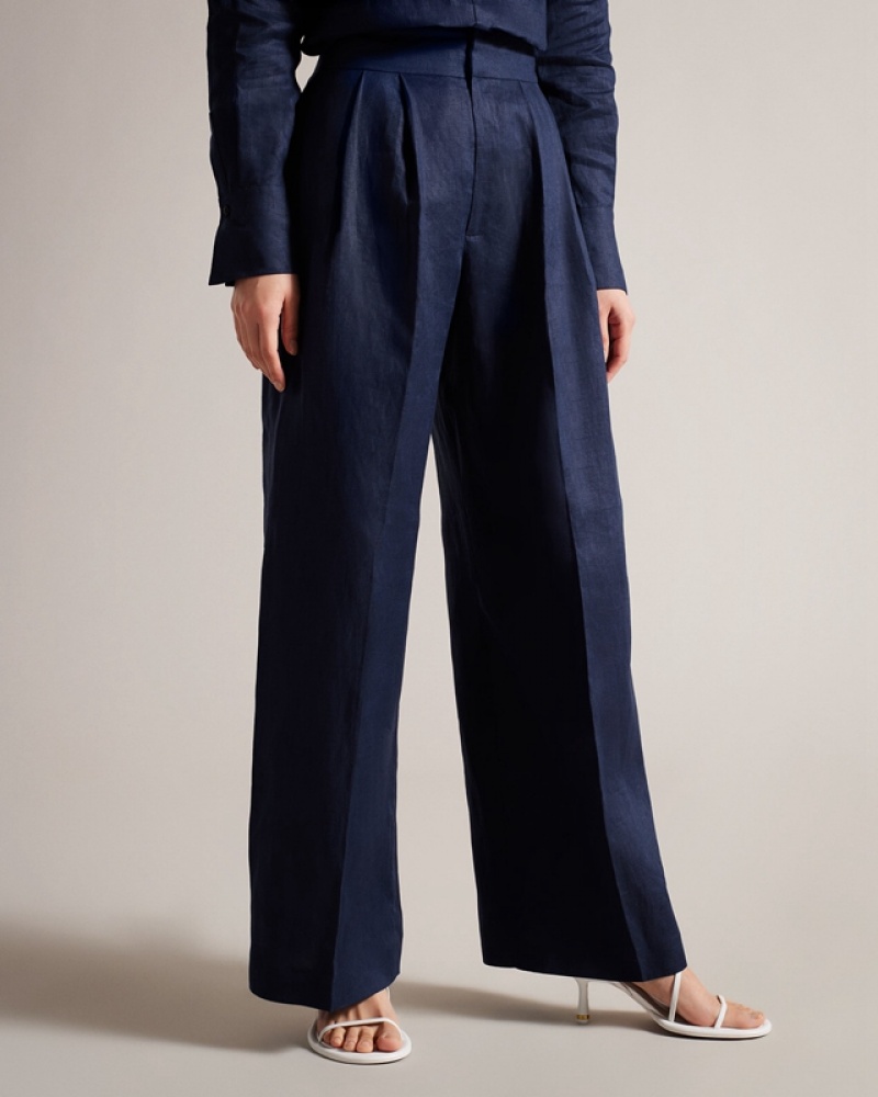 Navy Ted Baker Lucihh Linen Women's Pants | 406295-JIE