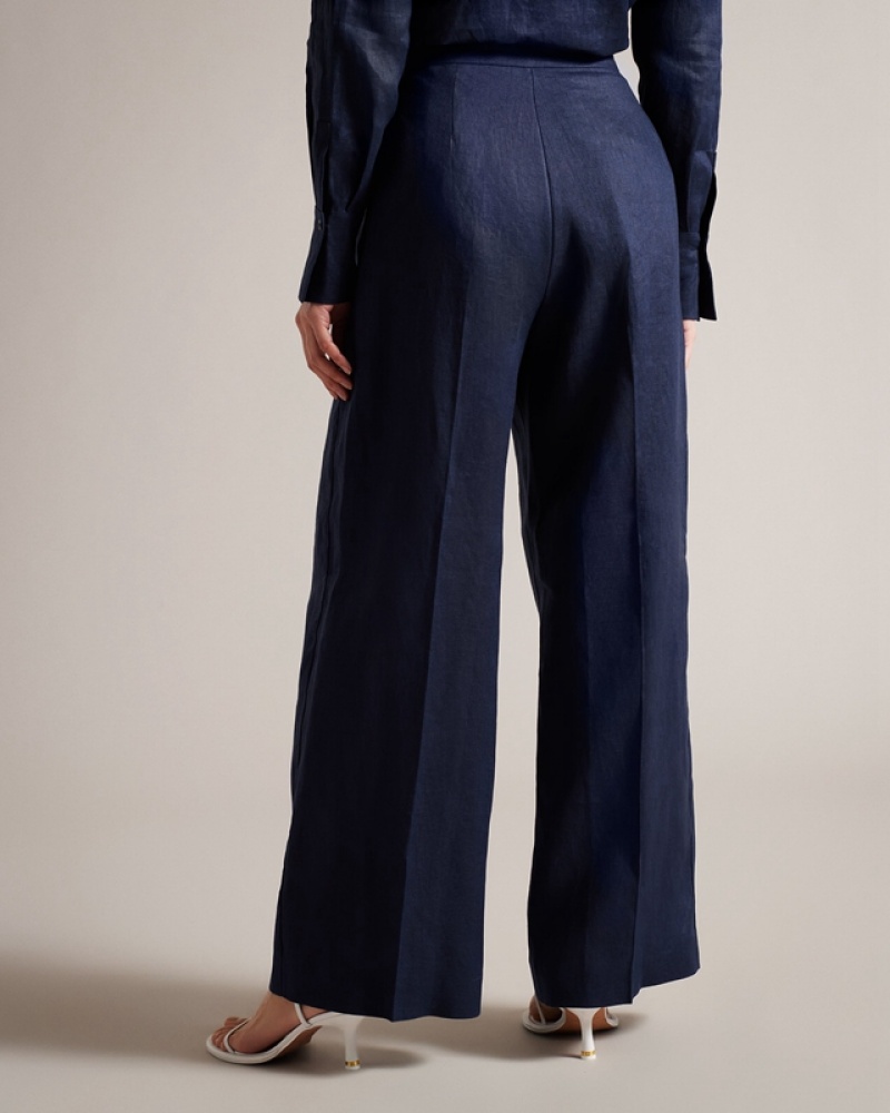 Navy Ted Baker Lucihh Linen Women's Pants | 406295-JIE