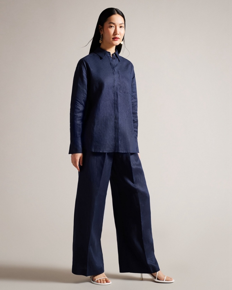 Navy Ted Baker Lucihh Linen Women\'s Pants | 406295-JIE