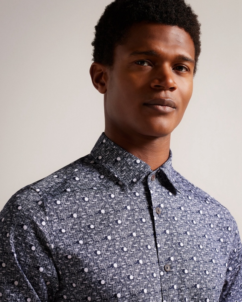 Navy Ted Baker Maccle LS Spot Print Men's Shirts | 640518-GMO