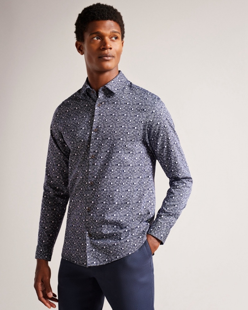 Navy Ted Baker Maccle LS Spot Print Men\'s Shirts | 640518-GMO