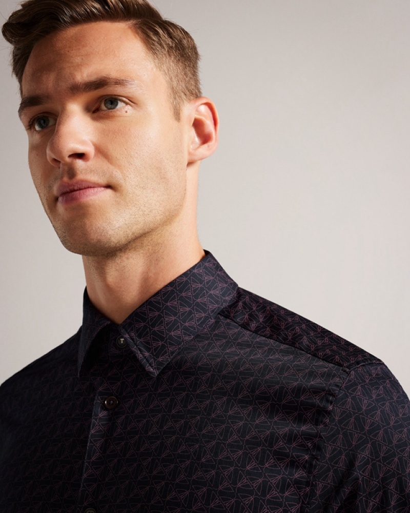 Navy Ted Baker Matlock LS Moth Geo Print Men's Shirts | 713908-YXJ