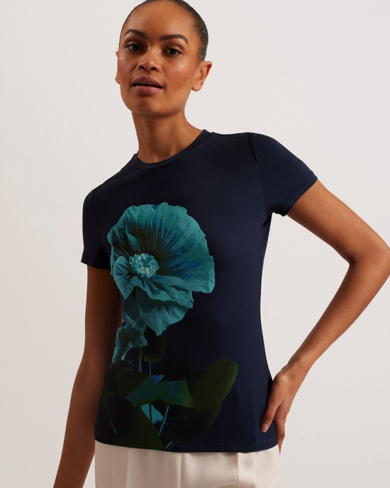 Navy Ted Baker Meridi Printed Fitted Women\'s T Shirts | 806149-AVQ