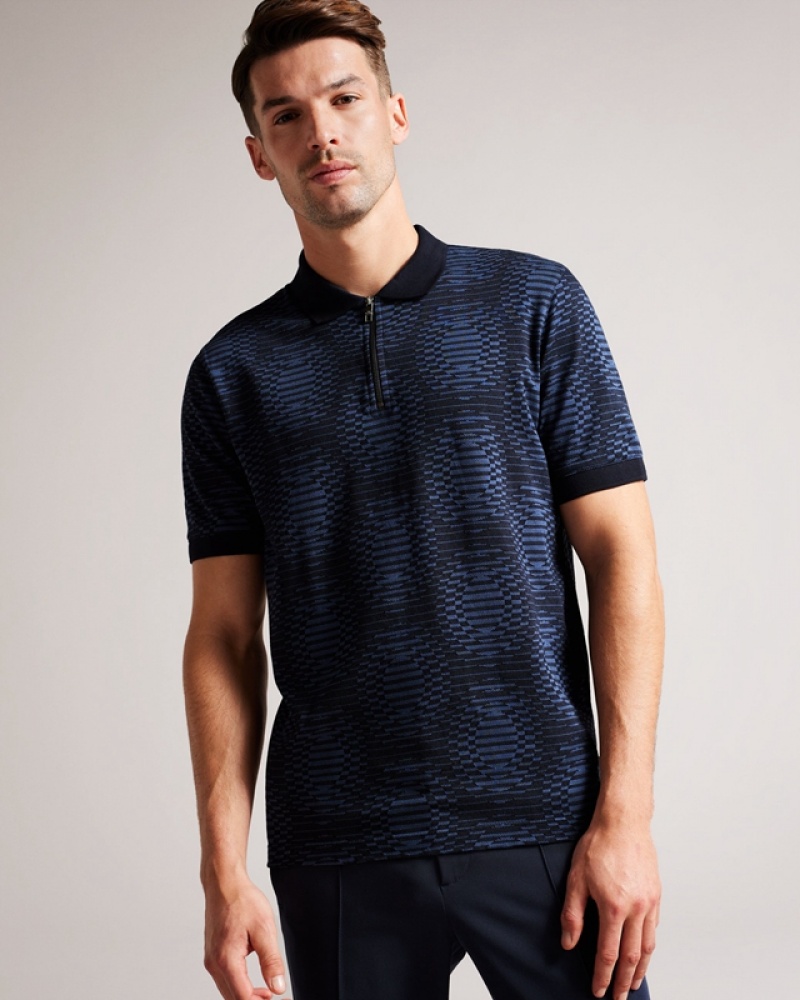 Navy Ted Baker Ono SS Jacquard Distorted Spot Men's Polo Shirt | 208794-RUW