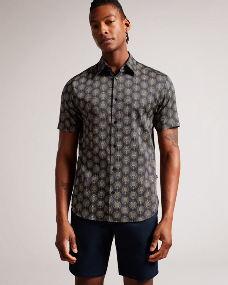 Navy Ted Baker Pearsho Short Sleeve Circle Geo Men's Shirts | 687219-MLB