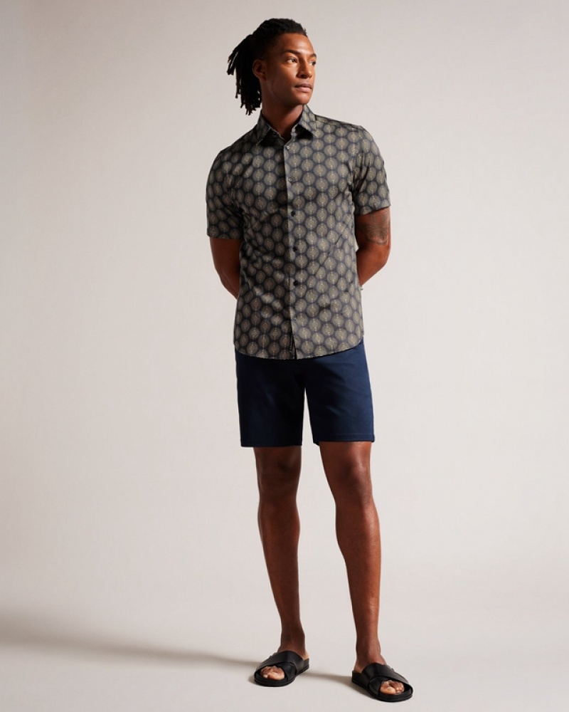 Navy Ted Baker Pearsho Short Sleeve Circle Geo Men's Shirts | 687219-MLB