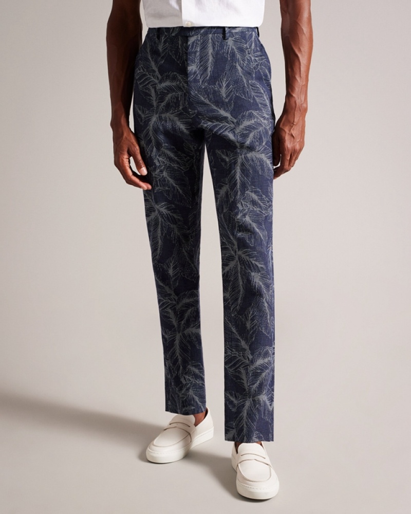 Navy Ted Baker Postot Cotton Linen Printed Men's Pants | 510462-VPN