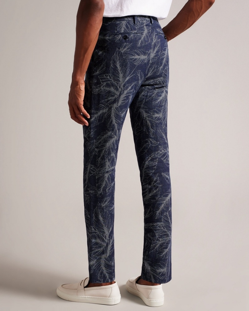 Navy Ted Baker Postot Cotton Linen Printed Men's Pants | 510462-VPN