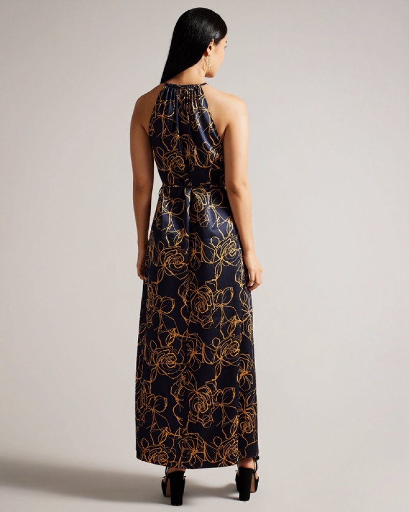 Navy Ted Baker Roxiell Halterneck Maxi Women's Dress | 029816-XTQ