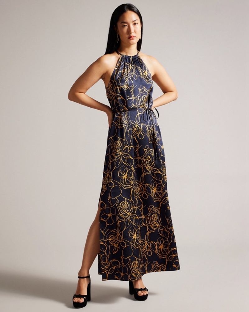 Navy Ted Baker Roxiell Halterneck Maxi Women\'s Dress | 029816-XTQ