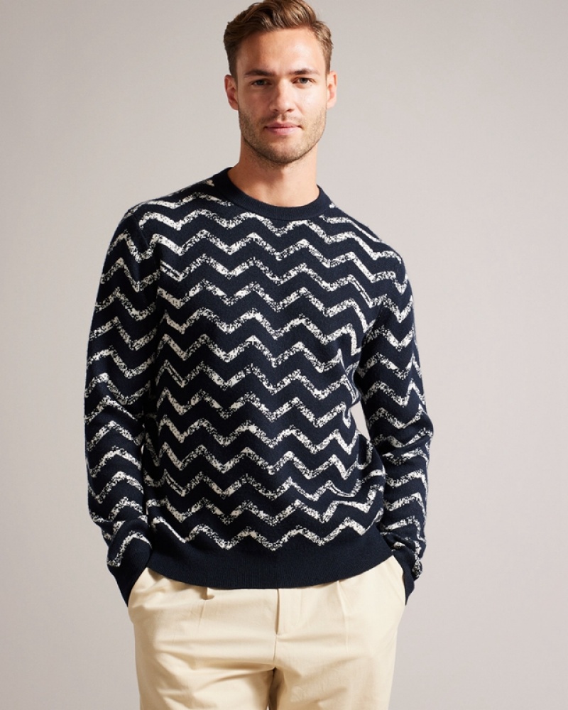 Navy Ted Baker Sesil LS Zig Zag Jacquard Crew Neck Men's Sweaters | 432196-GEC