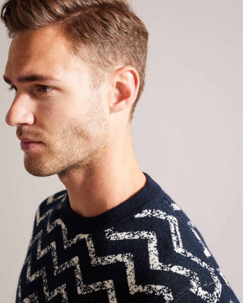 Navy Ted Baker Sesil LS Zig Zag Jacquard Crew Neck Men's Sweaters | 432196-GEC