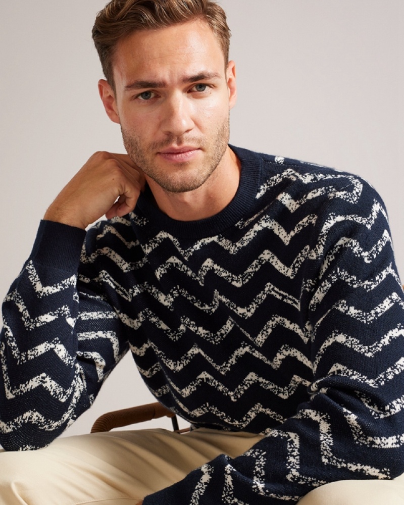 Navy Ted Baker Sesil LS Zig Zag Jacquard Crew Neck Men\'s Sweaters | 432196-GEC