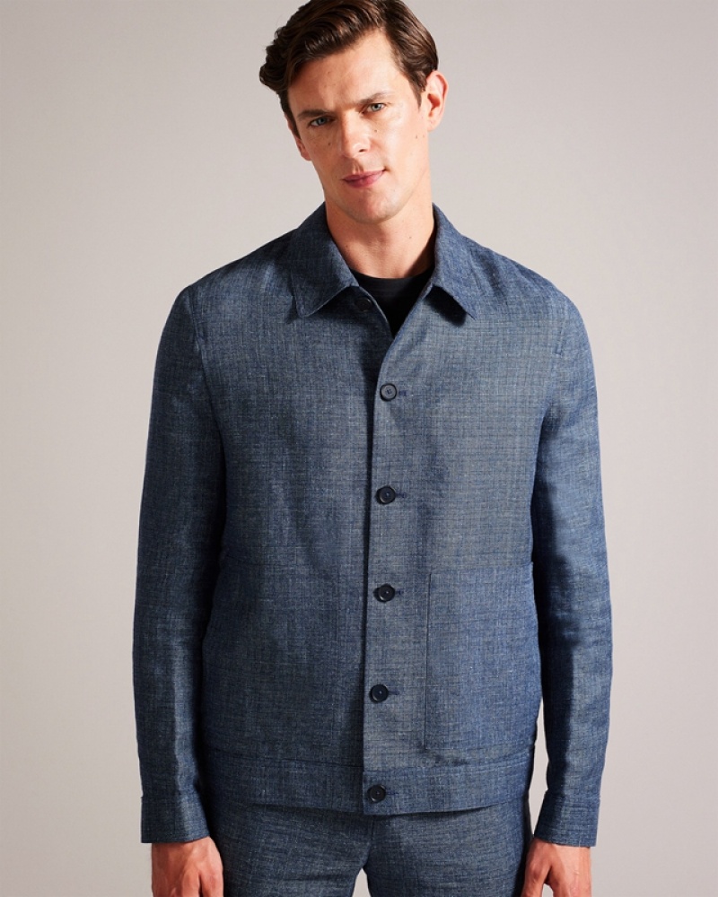 Navy Ted Baker Tayloj Linen Wool Men\'s Jackets | 972140-DUW