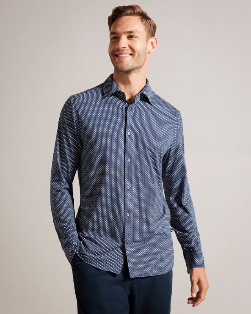 Navy Ted Baker Velino LS Bi Stretch Geo Men\'s Shirts | 852140-IKH