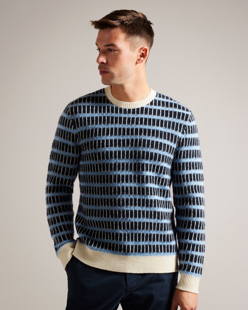 Navy Ted Baker Waylen LS Textured Stripe Crew Neck Men's Sweaters | 620835-MGK