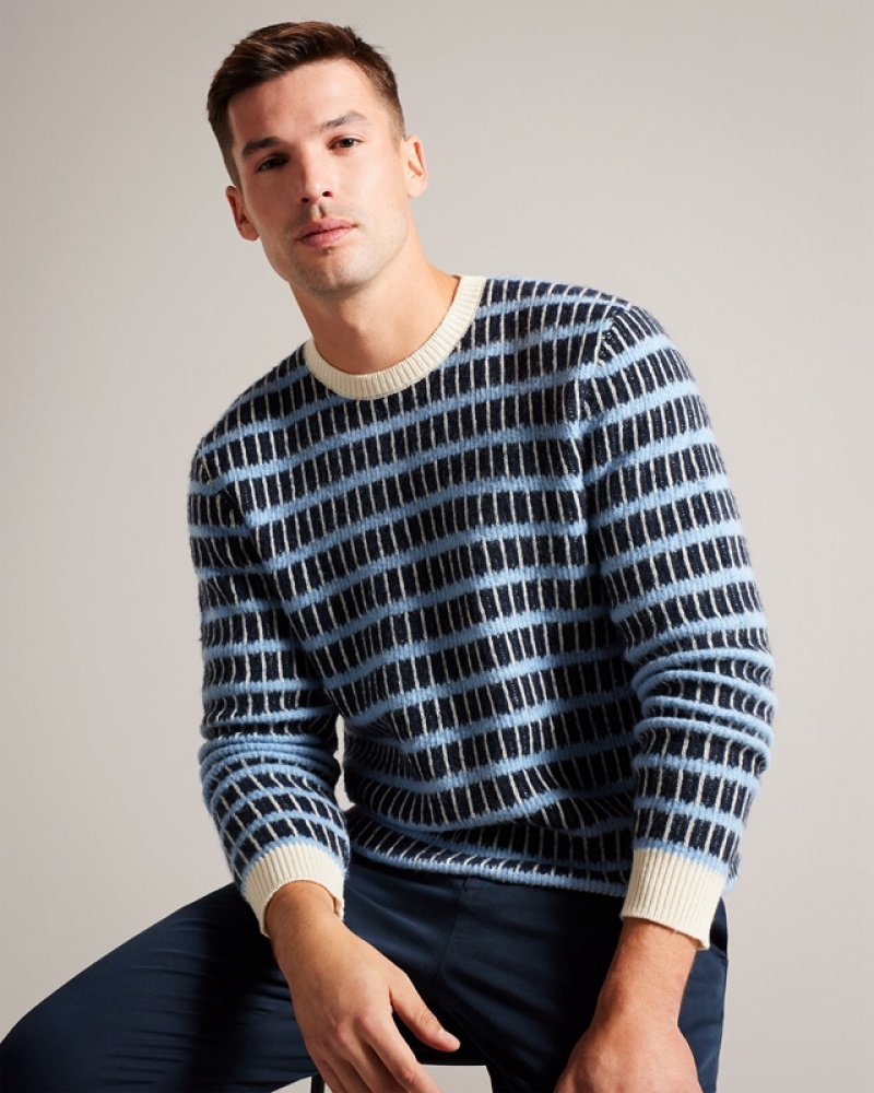 Navy Ted Baker Waylen LS Textured Stripe Crew Neck Men's Sweaters | 620835-MGK