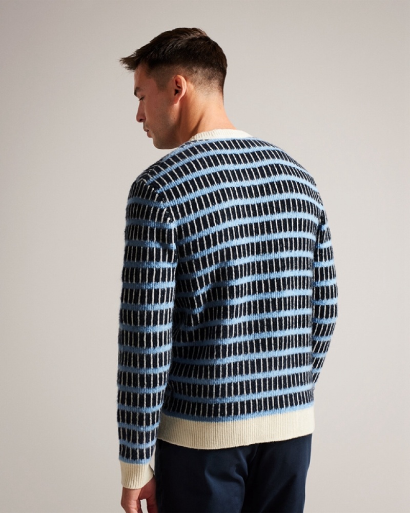 Navy Ted Baker Waylen LS Textured Stripe Crew Neck Men's Sweaters | 620835-MGK