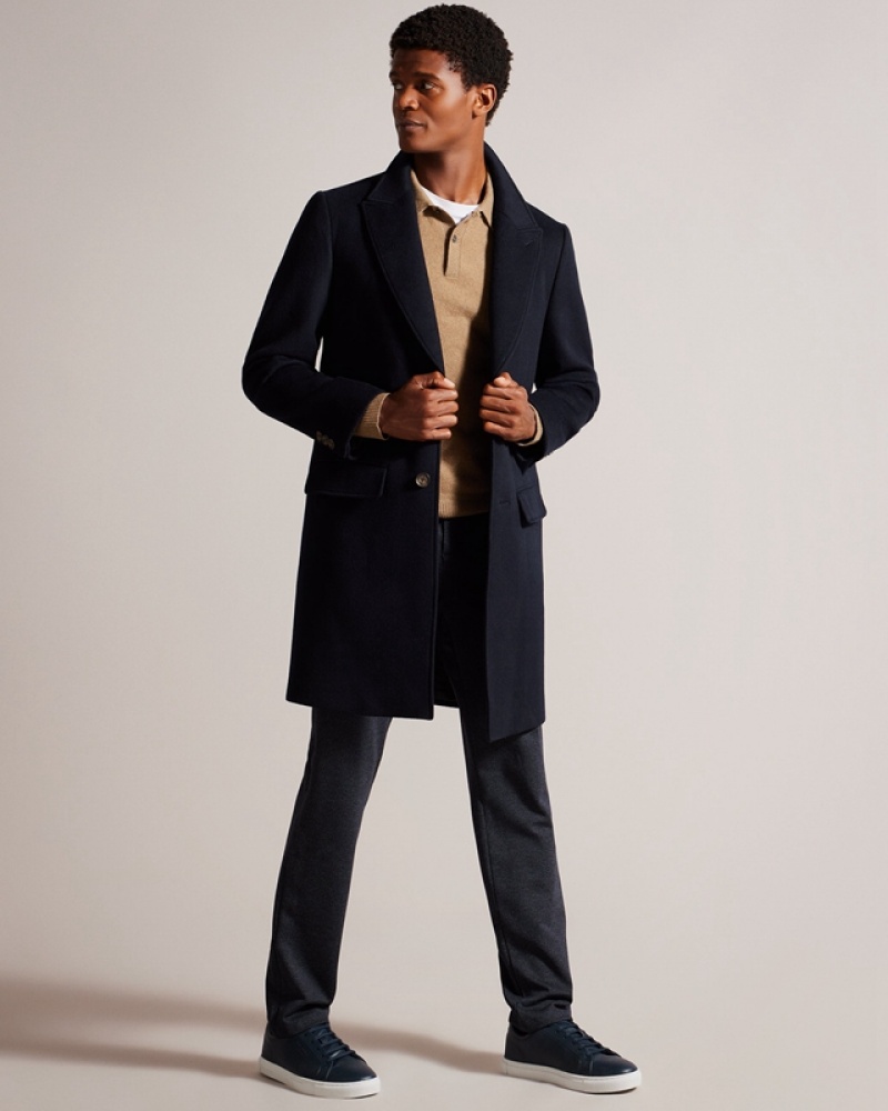 Navy Ted Baker Wilding Wool Blend Overcoat Men's Coats | 849501-HXJ